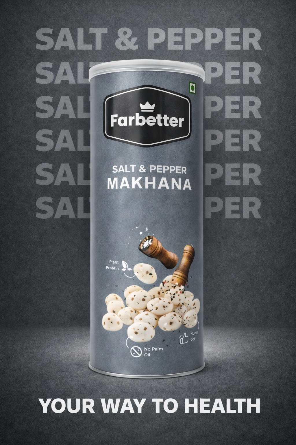 Farbetter Salt & Pepper Spicy Roasted Makhana in a 60g jar, healthy crunchy snack rich in protein and calcium.